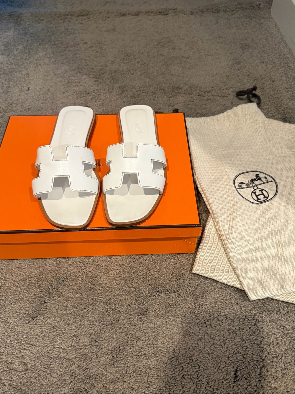 Hermes White Oran Leather Slide Sandals 35.5